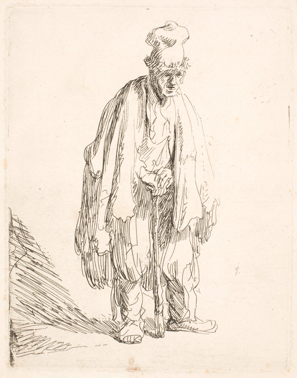 En tiggare med en hög keps, som står och lutar sig mot en käpp av Rembrandt van Rijn