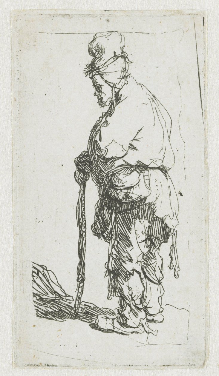 Tiggare som stöder sig på en käpp, vänd mot vänster av Rembrandt van Rijn