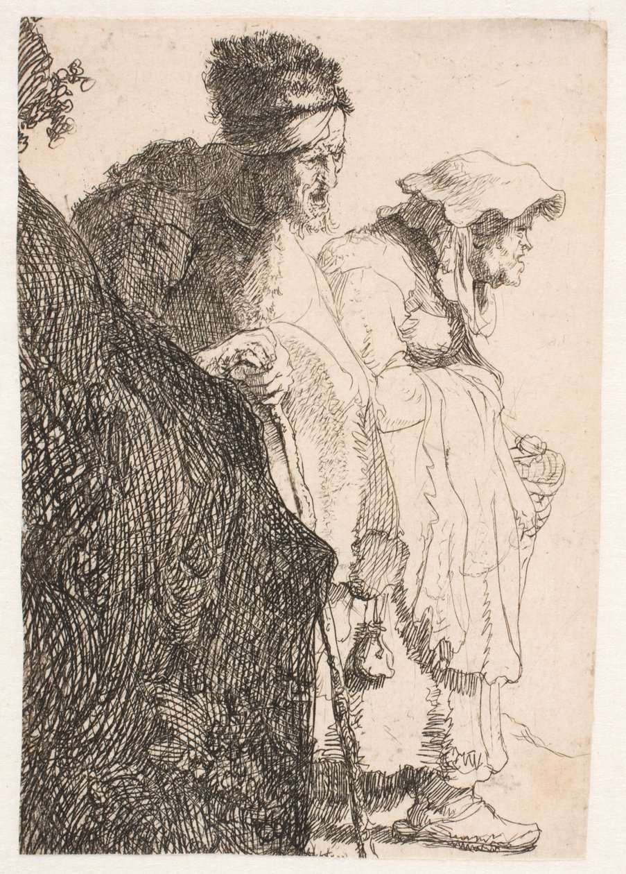 En tiggare och en tiggarkvinna bakom en bank av Rembrandt van Rijn