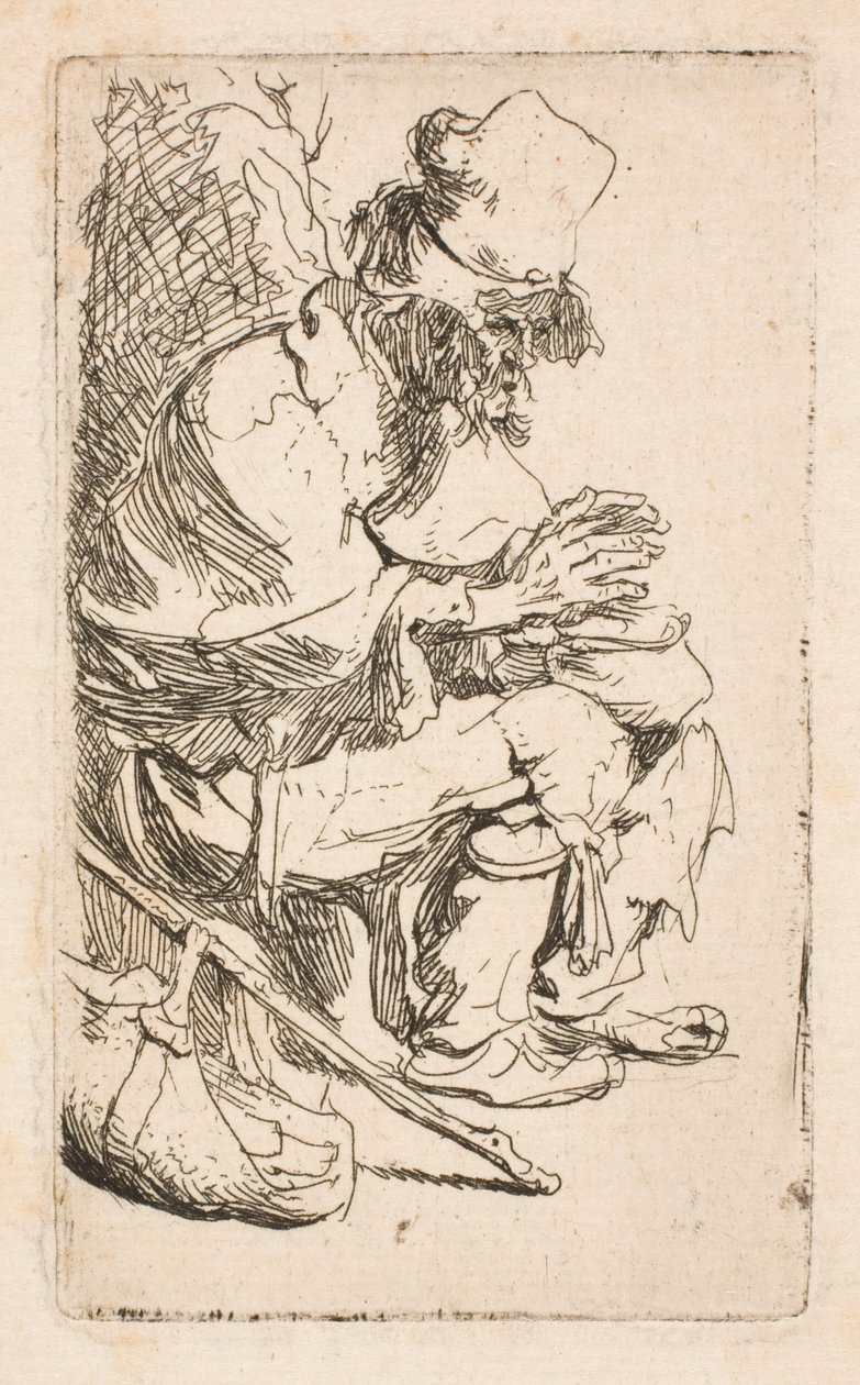 En tiggare som sitter och värmer händerna vid en värmebehållare av Rembrandt van Rijn