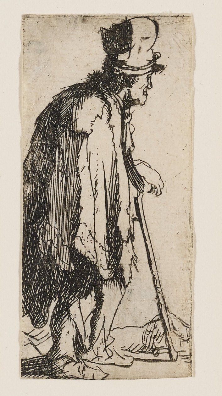 Tiggare med en hand som inte fungerar, som stöder sig på en käpp av Rembrandt van Rijn