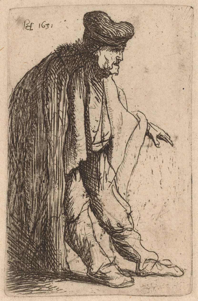 Tiggare med sin vänstra hand utsträckt av Rembrandt van Rijn