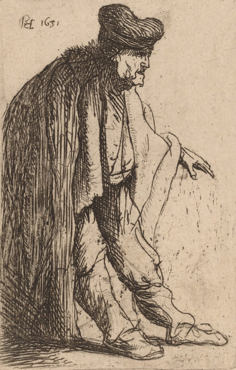 Tiggare med sin vänstra hand utsträckt, 1631. av Rembrandt van Rijn