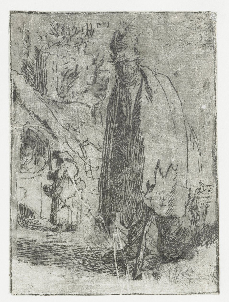 Tiggare med en stuga och två figurer i bakgrunden av Rembrandt van Rijn