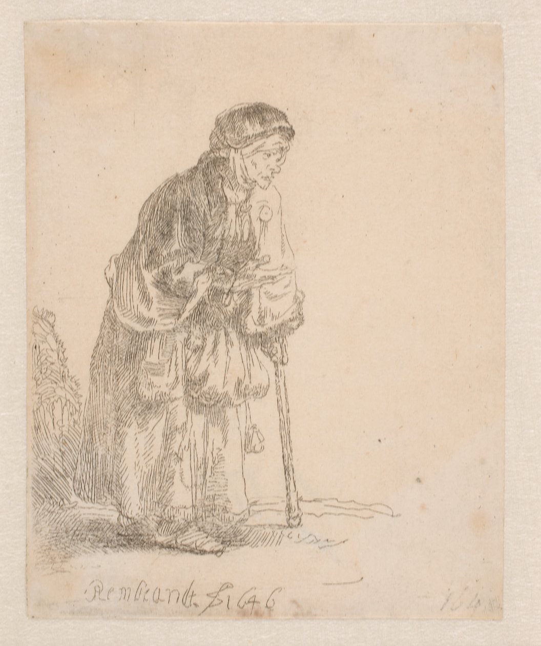 En tiggarkvinna som stöder sig på en käpp av Rembrandt van Rijn