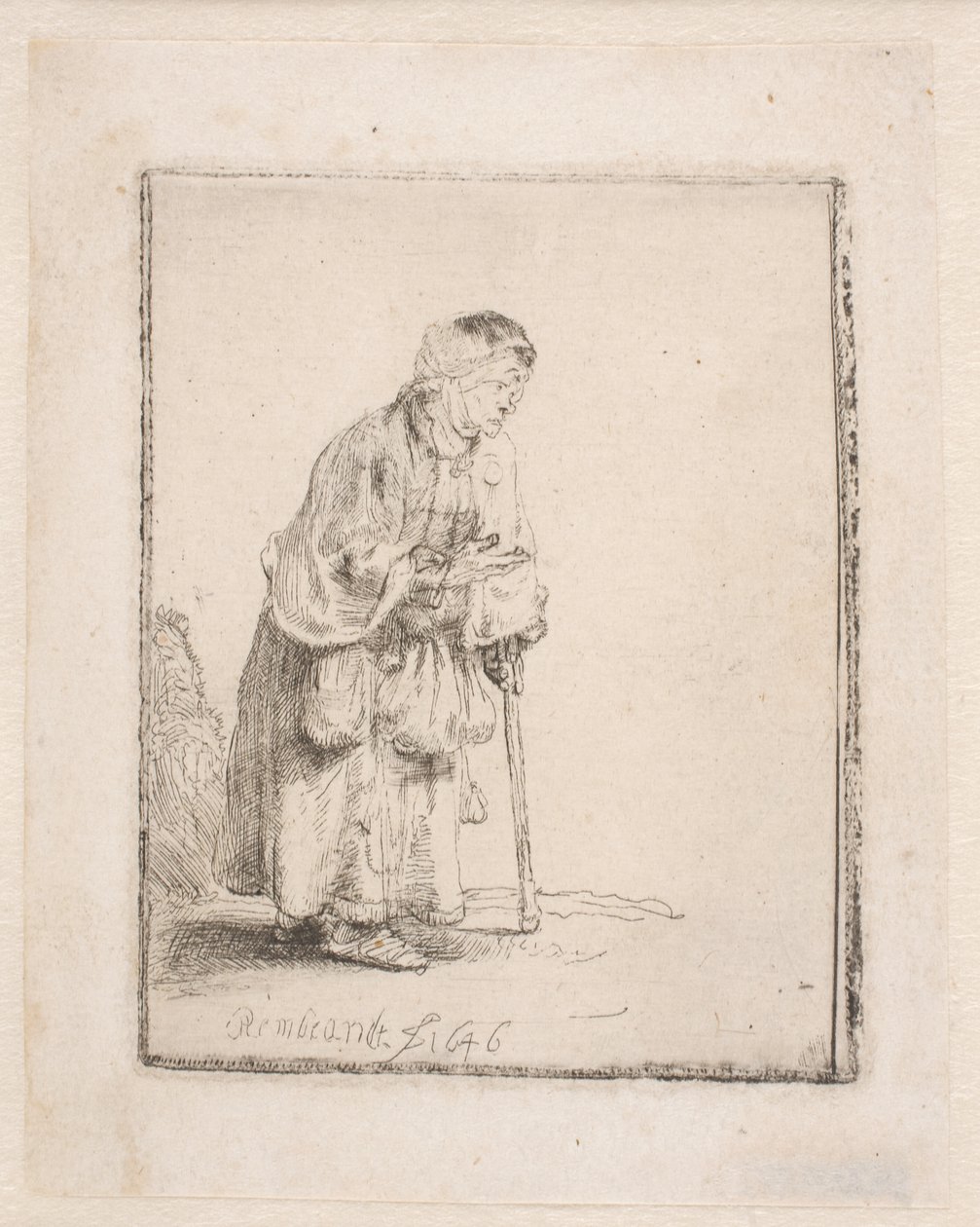 En tiggarkvinna som stöder sig på en käpp av Rembrandt van Rijn
