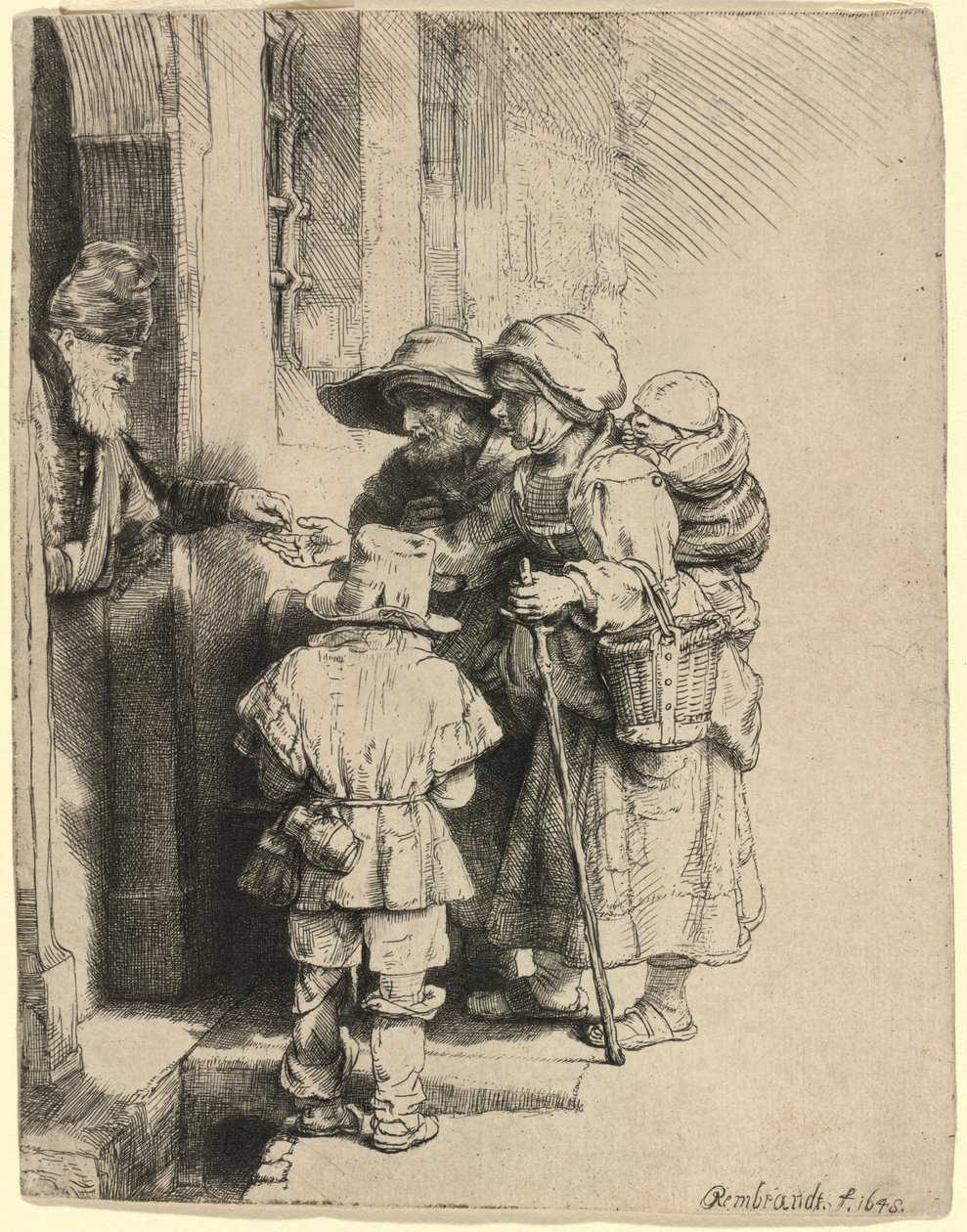 Tiggare som tar emot allmosor vid dörren till ett hus av Rembrandt van Rijn