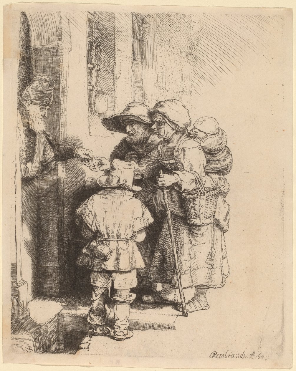 Tiggare som tar emot allmosor vid dörren till ett hus av Rembrandt van Rijn