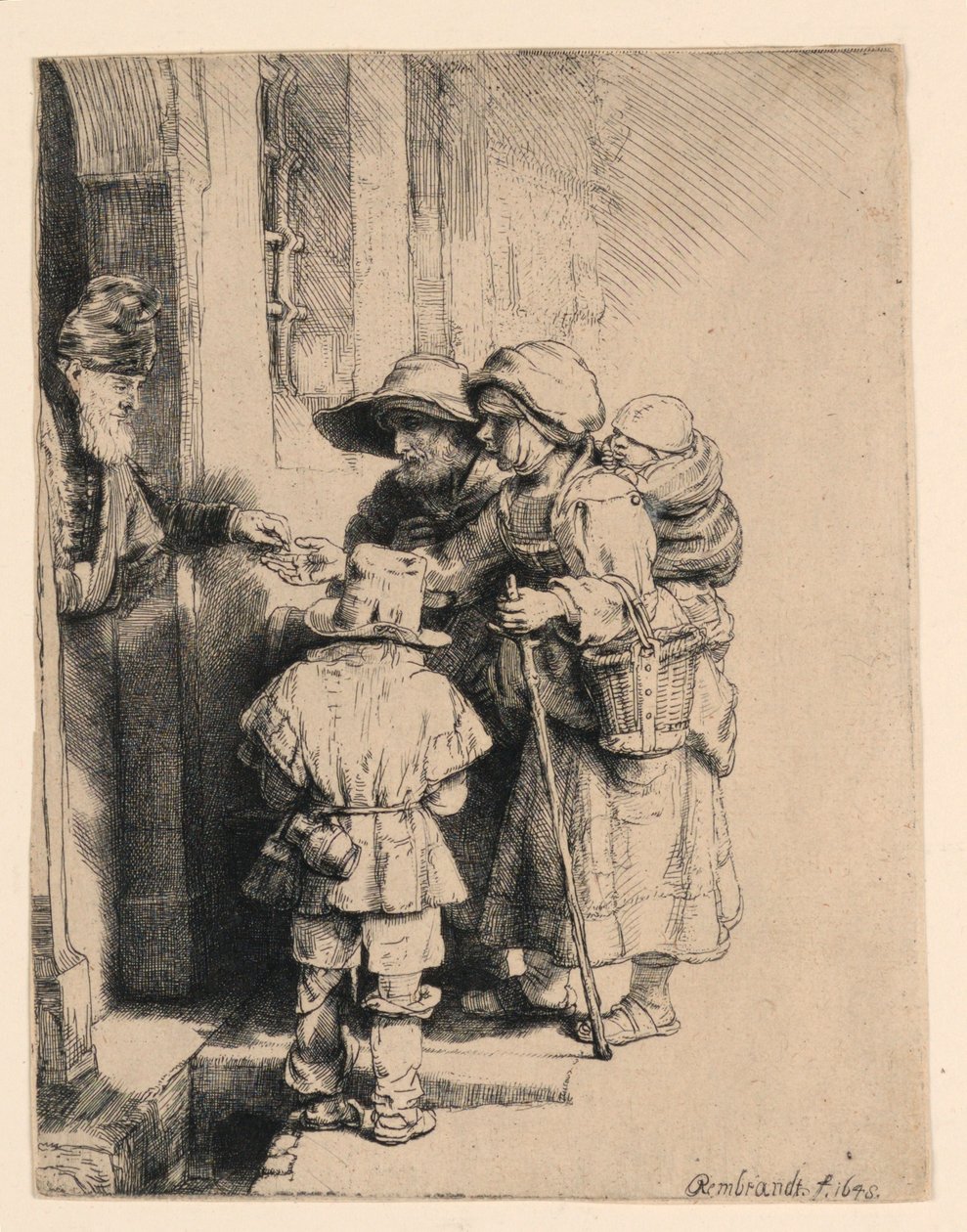 Tiggare som tar emot allmosor vid dörren till ett hus av Rembrandt van Rijn