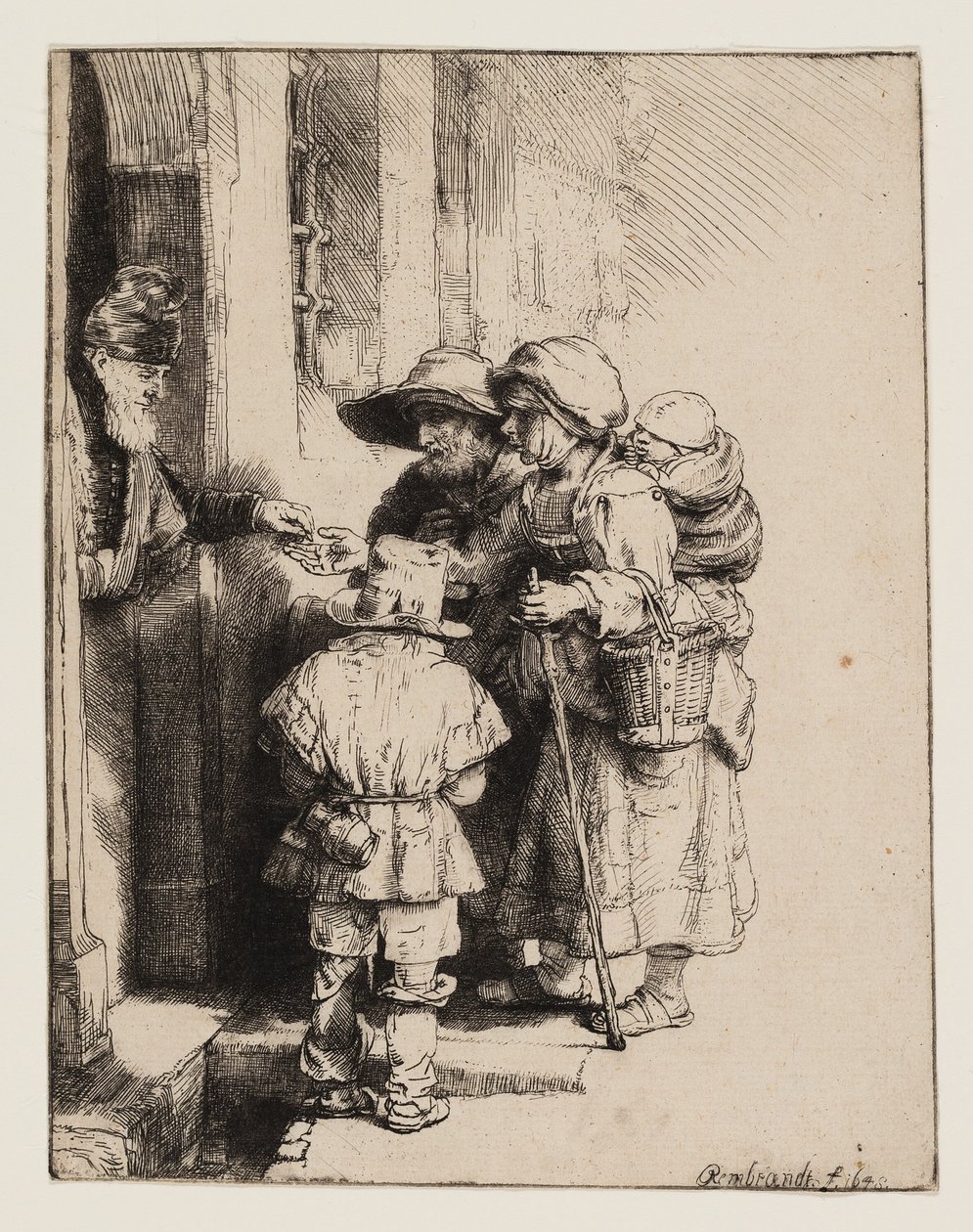 Tiggare som tar emot allmosor vid dörren till ett hus av Rembrandt van Rijn