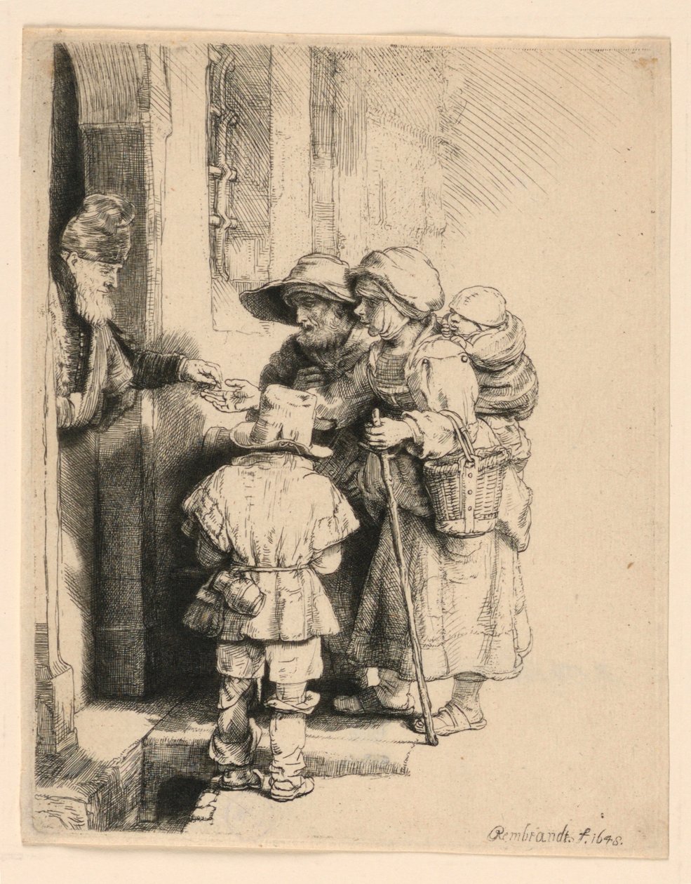 Tiggare som tar emot allmosor vid dörren till ett hus av Rembrandt van Rijn