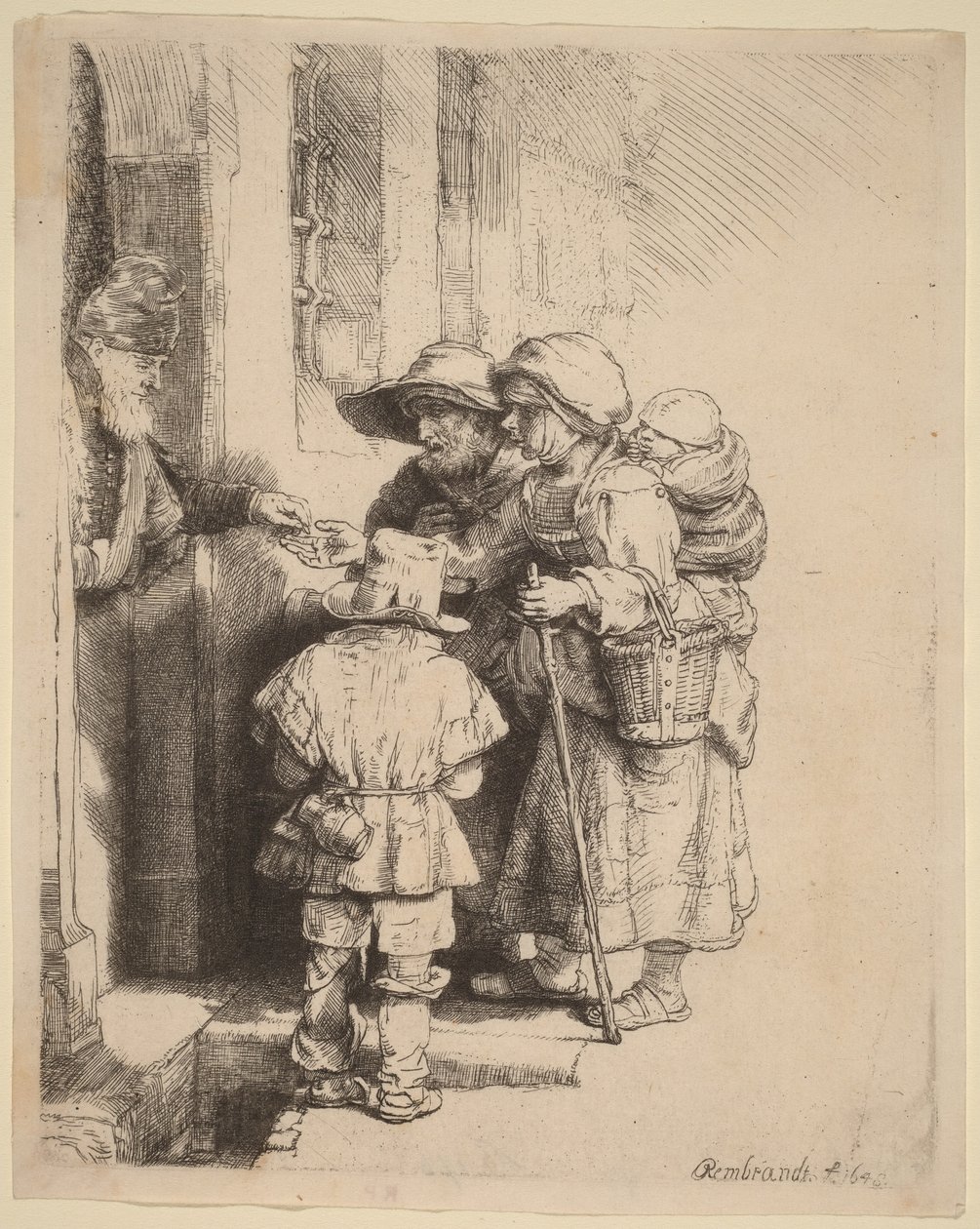 Tiggare som tar emot allmosor vid dörren till ett hus av Rembrandt van Rijn