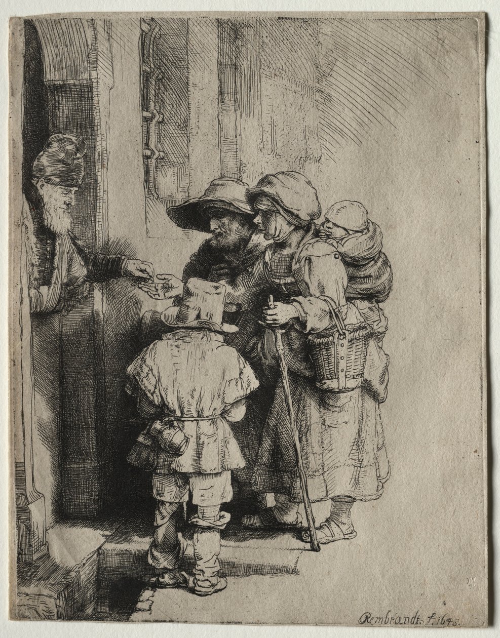 Tiggare tar emot allmosor vid dörren till ett hus, 1648. av Rembrandt van Rijn