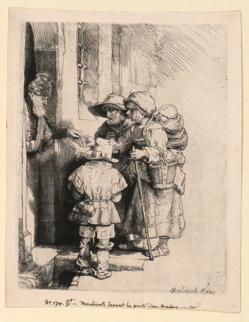 Tiggare som tar emot allmosor vid dörren till ett hus av Rembrandt van Rijn