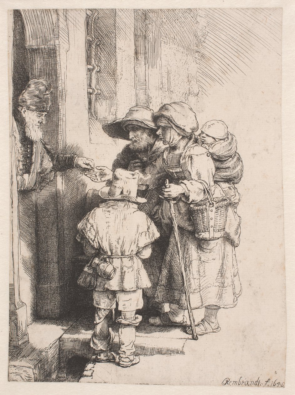Tiggare som tar emot allmosor vid dörren till ett hus av Rembrandt van Rijn