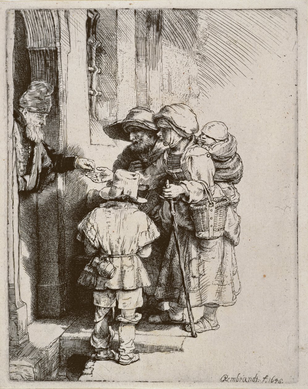 Tiggare som tar emot allmosor vid dörren till ett hus, 1648 (torrnålsgravyr) av Rembrandt van Rijn
