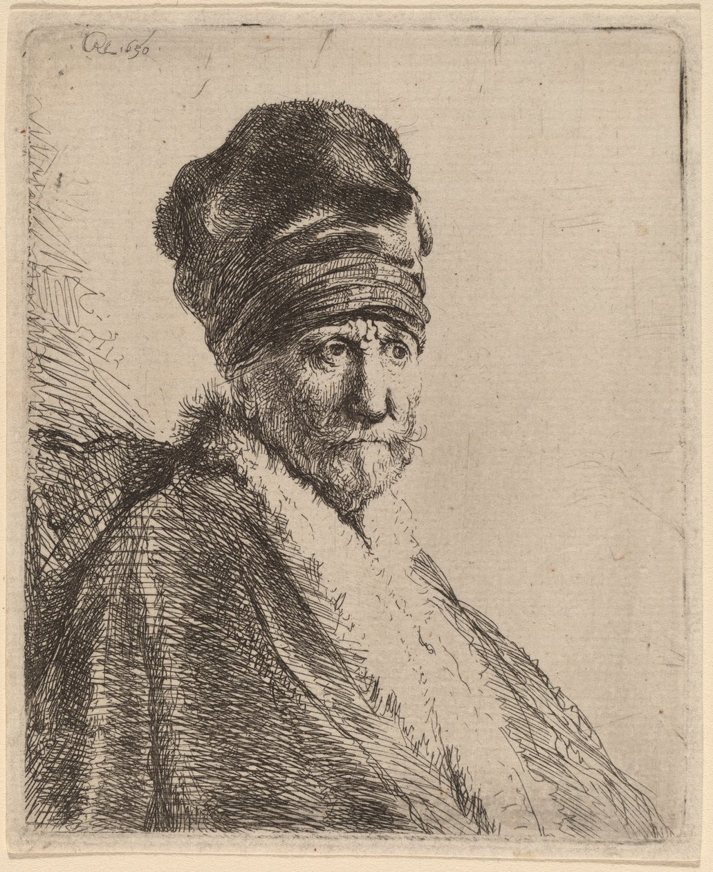 Byst av en man med hög keps, tre fjärdedelar höger (konstnärens far?) av Rembrandt van Rijn