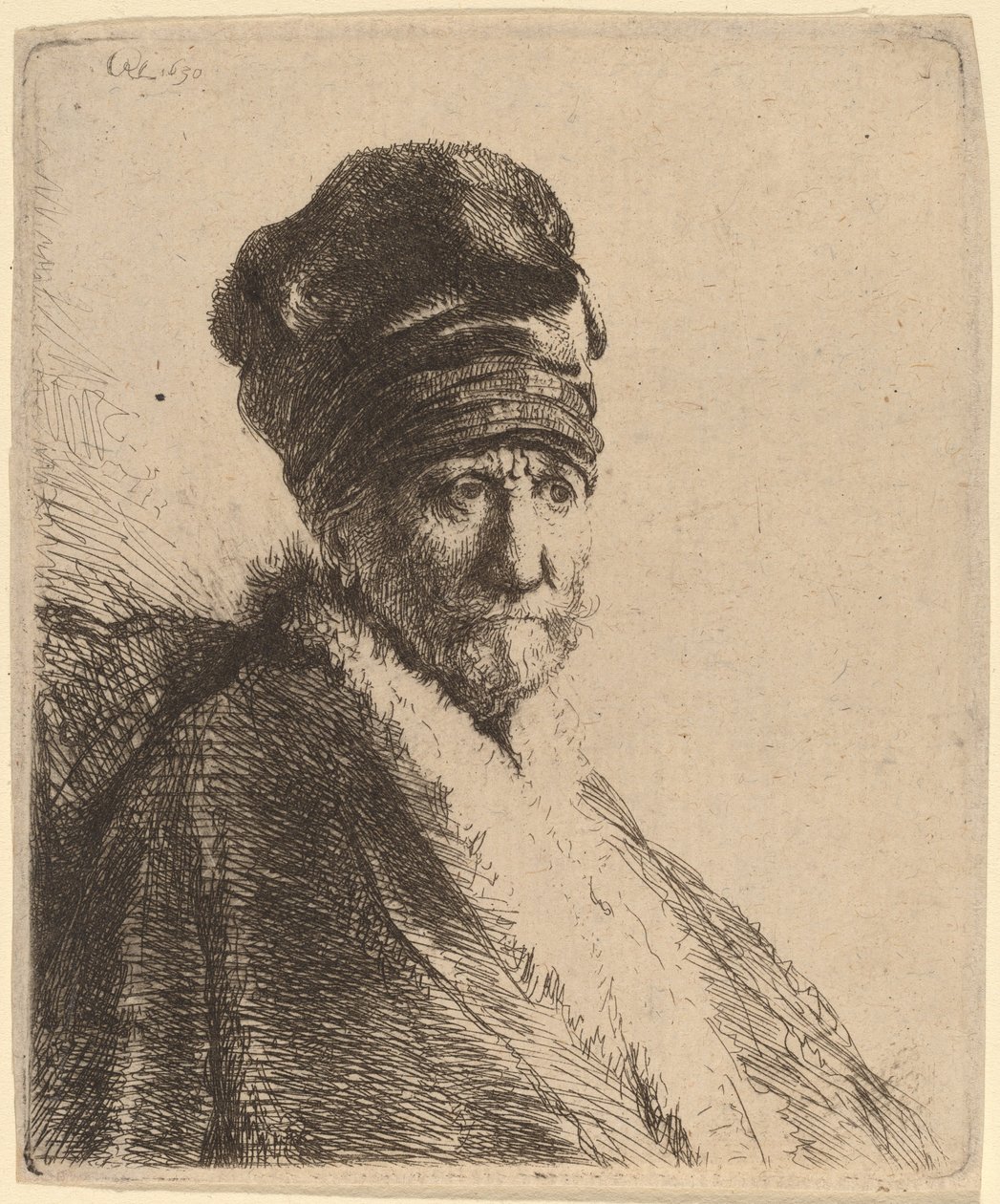 Byst av en man med hög keps, tre fjärdedelar höger (konstnärens far?) av Rembrandt van Rijn