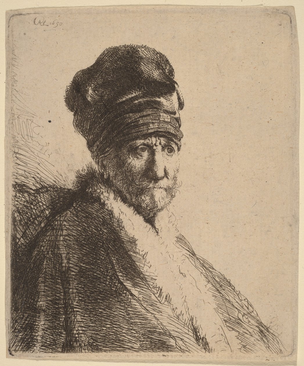 Byst av en man med hög keps, trekvartsprofil åt höger (konstnärens far) av Rembrandt van Rijn