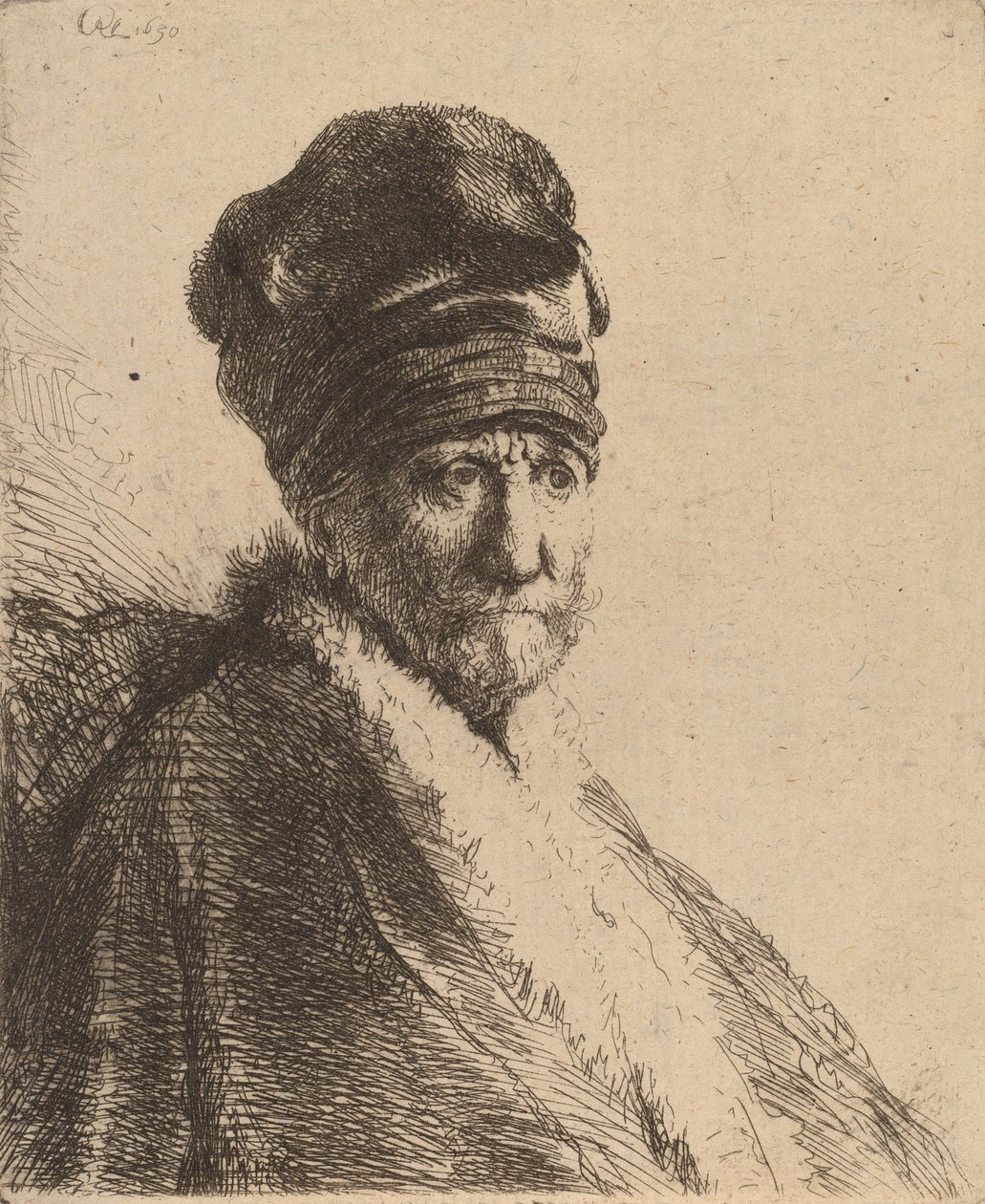 Byst av en man med hög keps, tre fjärdedels höger Konstnärens far, 1630. av Rembrandt van Rijn
