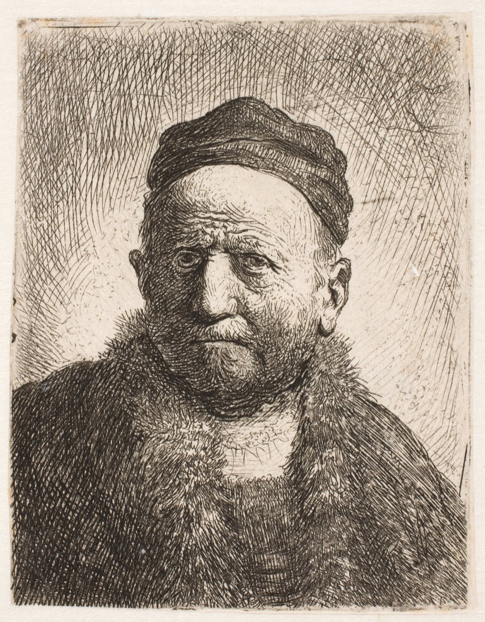 Byst av en man (Rembrandts far) i framifrånperspektiv, iklädd en tättsittande mössa av Rembrandt van Rijn