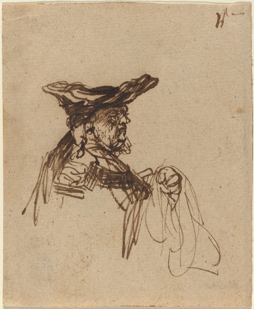 Byst av en äldre man i en platt mössa av Rembrandt van Rijn
