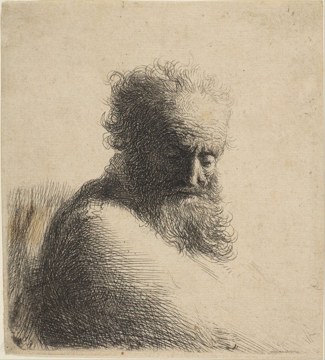 Byst av en gammal skäggig man som tittar ner, tre fjärdedels höger, 1631. av Rembrandt van Rijn