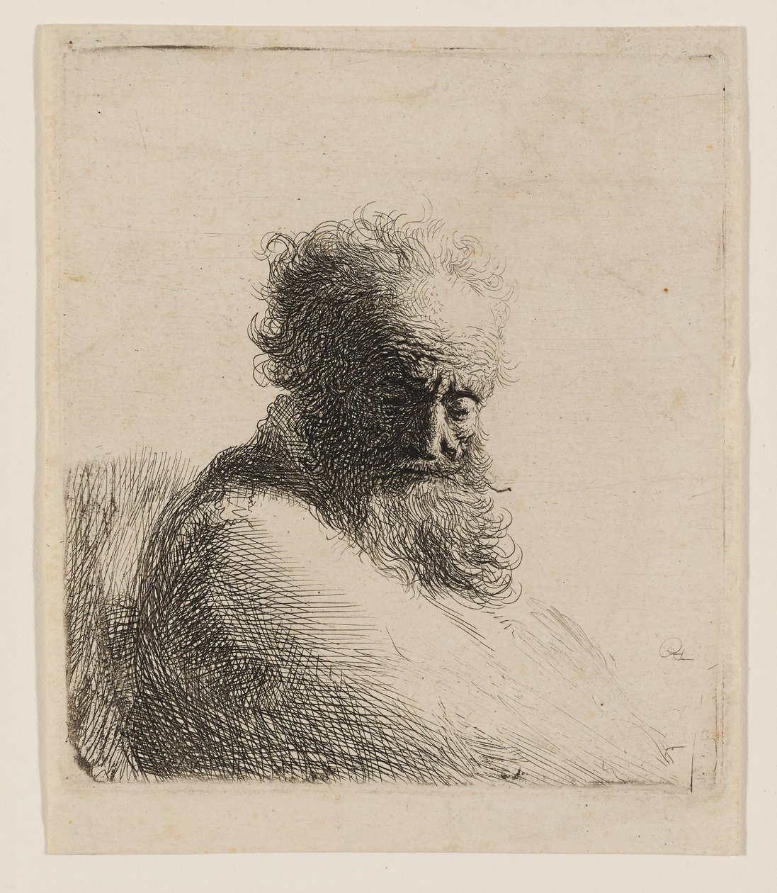 Byst av en äldre, skäggig man som blickar nedåt, i trekvartsprofil åt höger av Rembrandt van Rijn