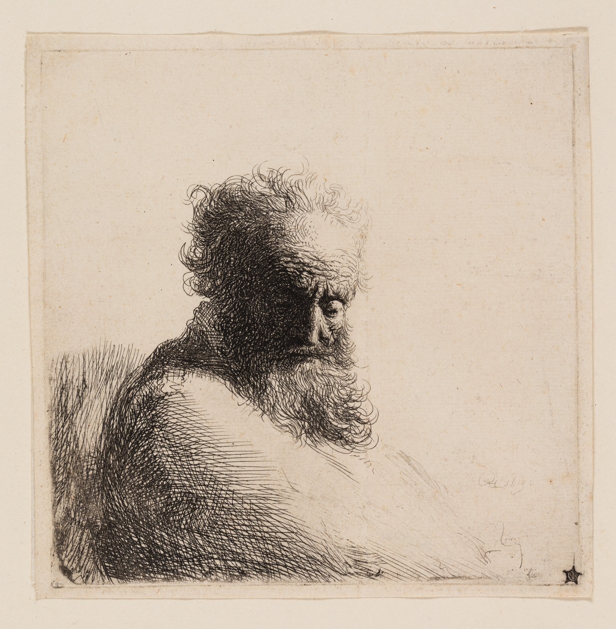 Byst av en gammal skäggig man, tittar ner, tre fjärdedelar höger av Rembrandt van Rijn