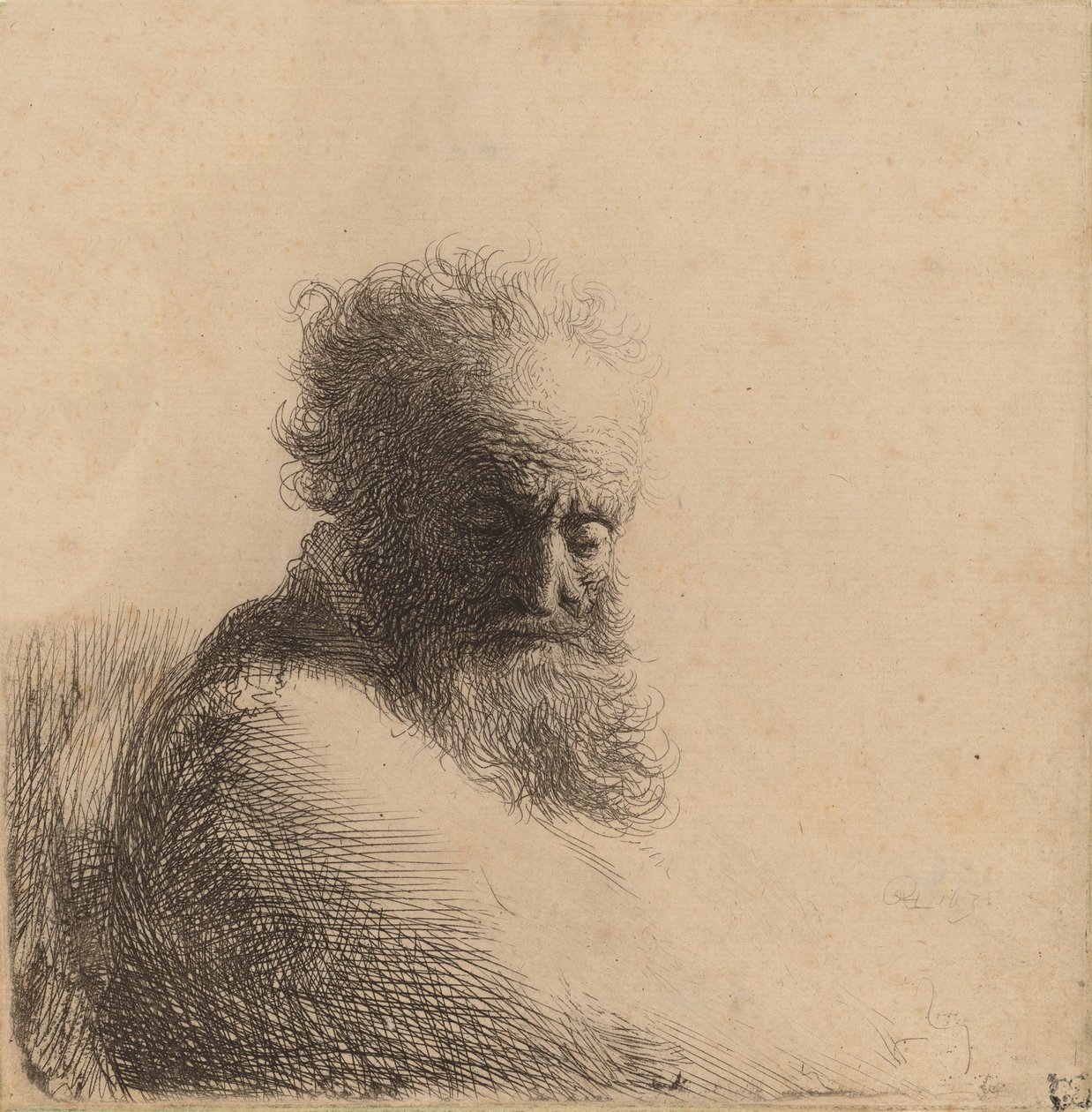 Byst av en gammal skäggig man, tittar ner, tre fjärdedelar höger, 1631. av Rembrandt van Rijn