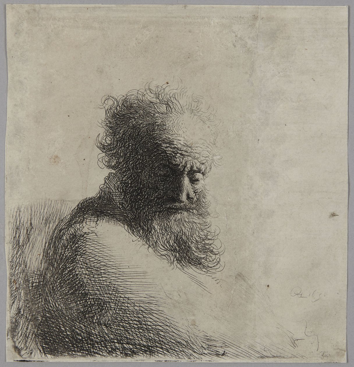 Byst av en äldre man som blickar nedåt, i trekvartsprofil åt höger av Rembrandt van Rijn