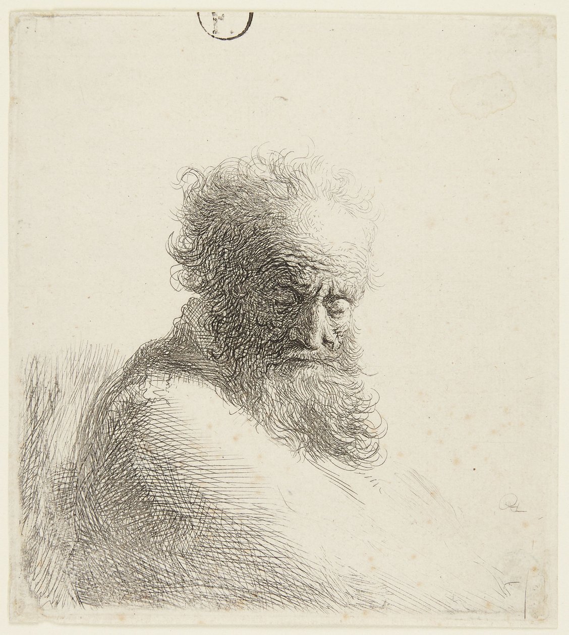 Byst av en äldre man som blickar nedåt, i trekvartsprofil åt höger av Rembrandt van Rijn