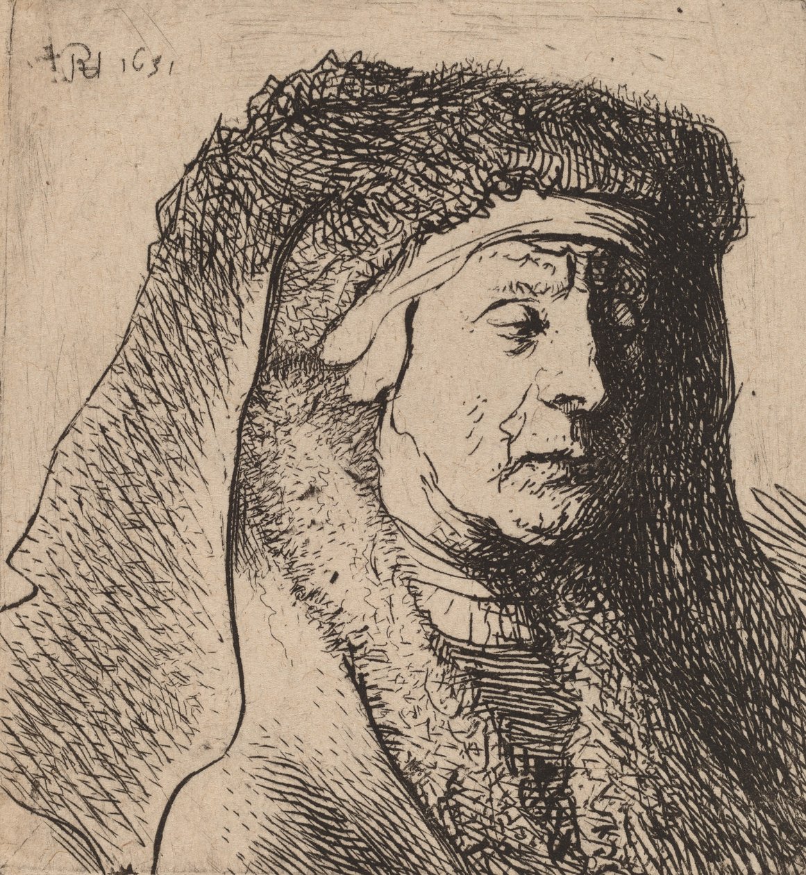 Byst av en gammal kvinna i en pälsförsedd mantel och kraftig huvudbonad, 1631. av Rembrandt van Rijn