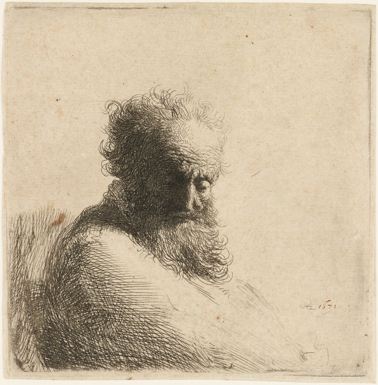 Byst av en gammal skäggig man, tittar ner, tre fjärdedelar höger, 1631. av Rembrandt van Rijn