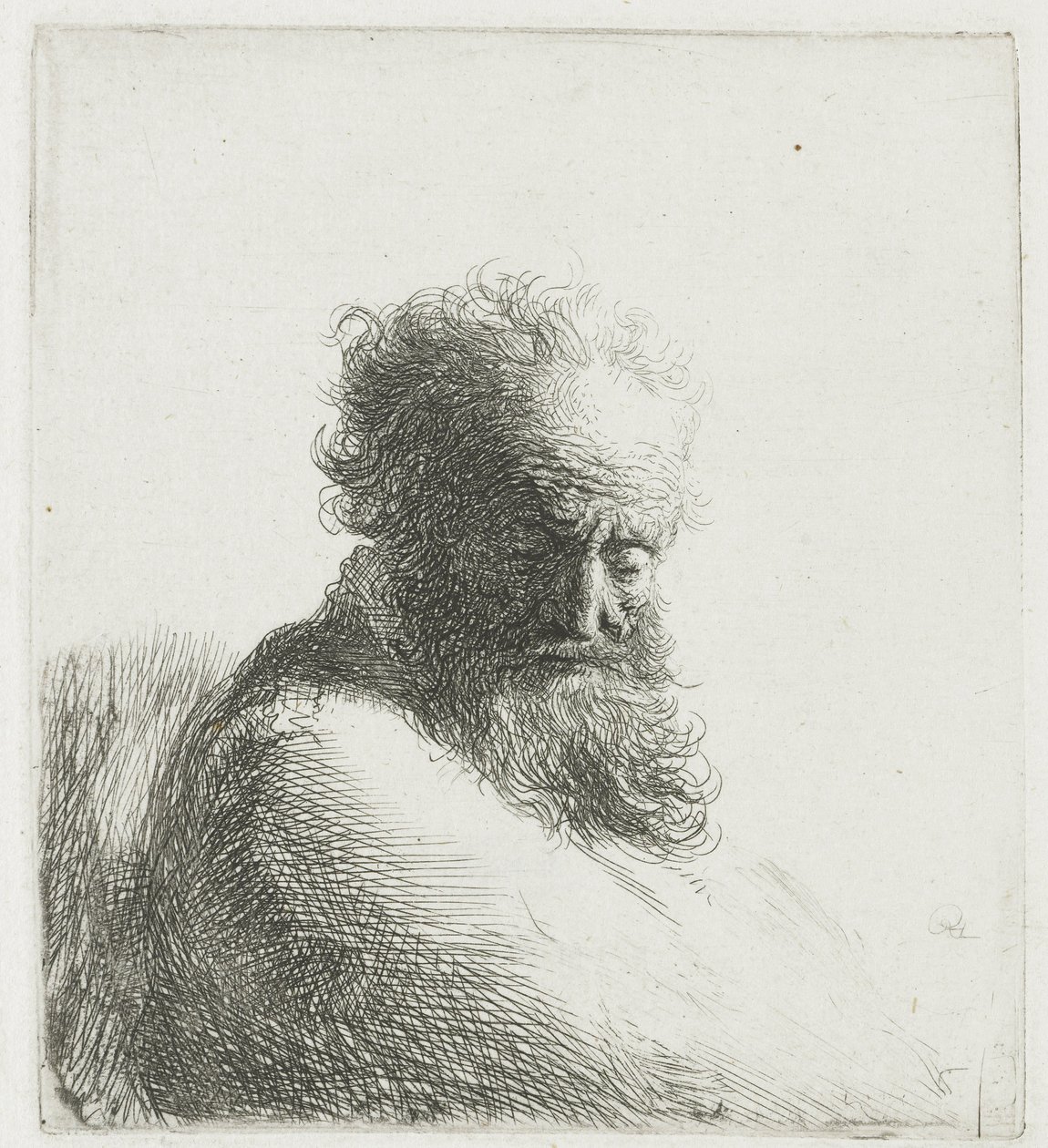 Byst av en gammal skäggig man, tittar ner, tre fjärdedelar höger av Rembrandt van Rijn