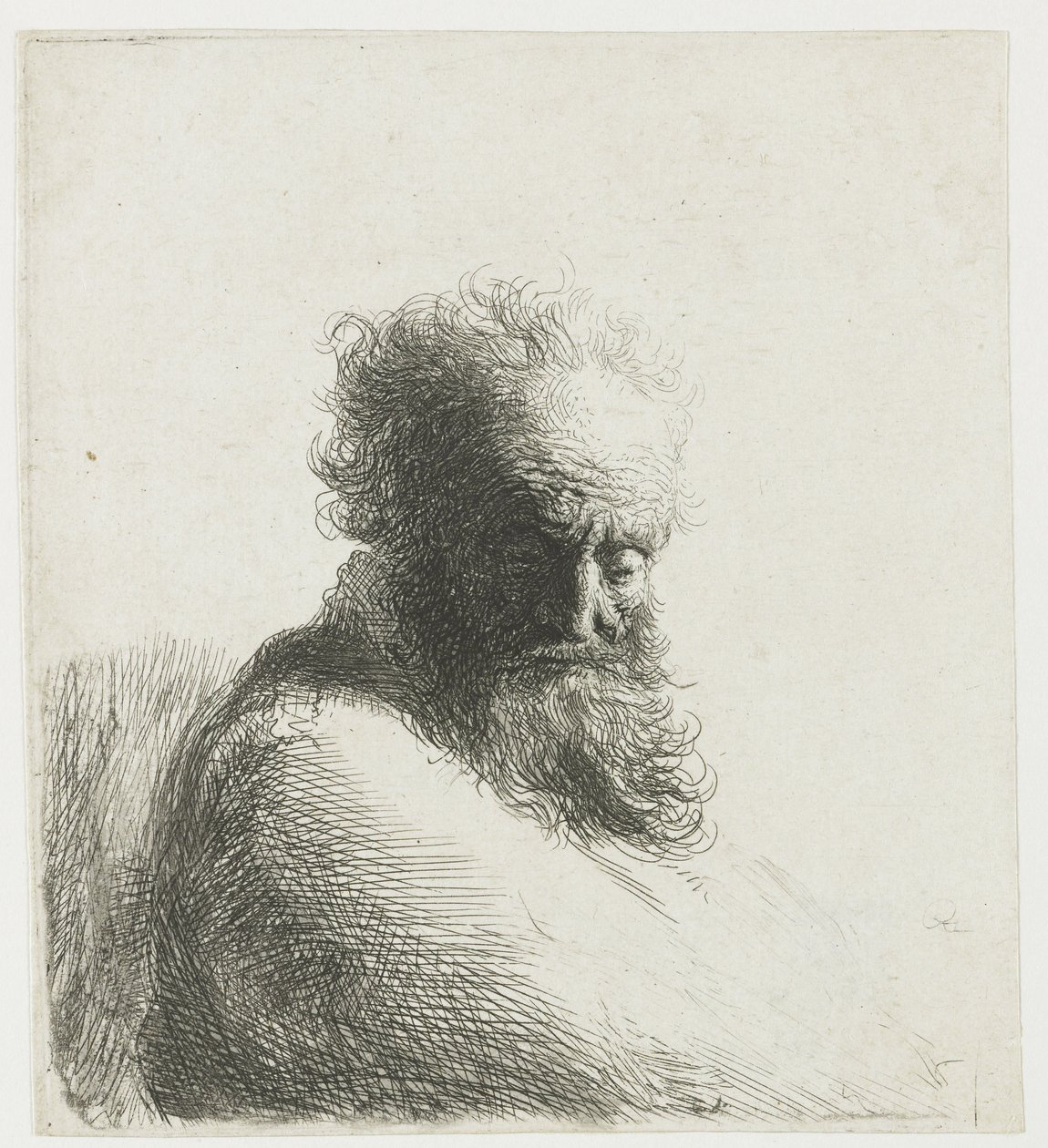 Byst av en gammal skäggig man, tittar ner, tre fjärdedelar höger av Rembrandt van Rijn