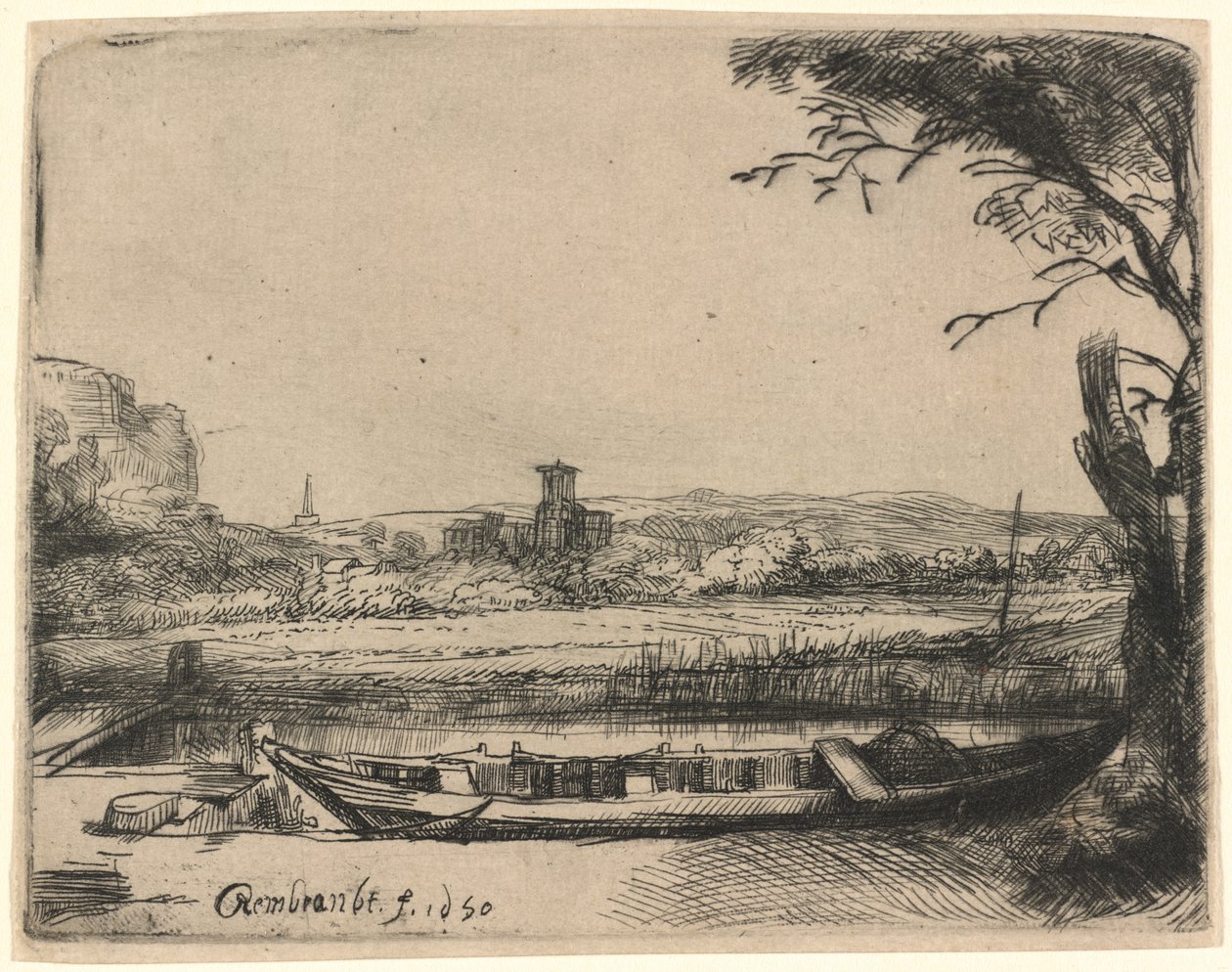 Kanal med en stor båt och bro av Rembrandt van Rijn