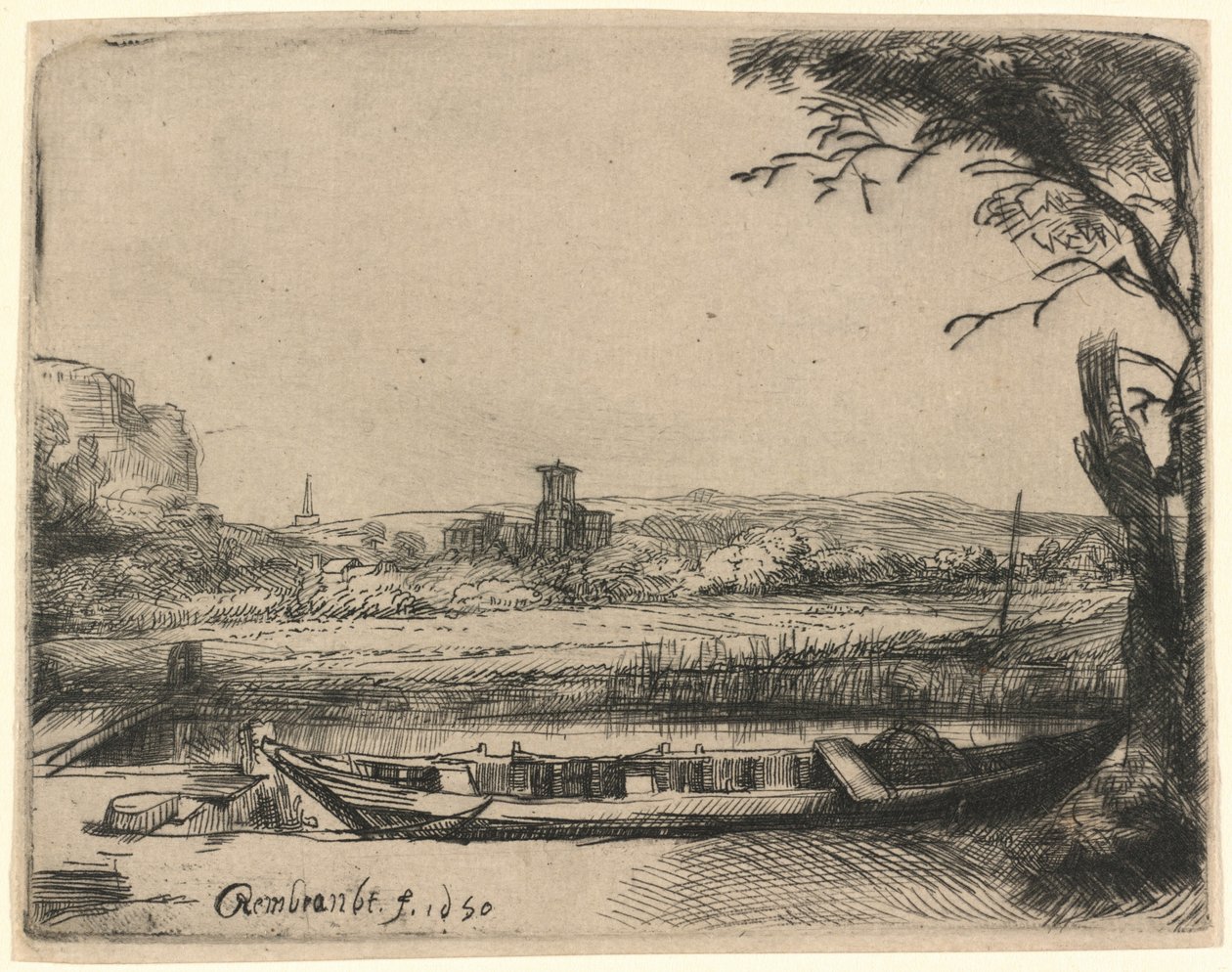 Kanal med en stor båt och en bro av Rembrandt van Rijn