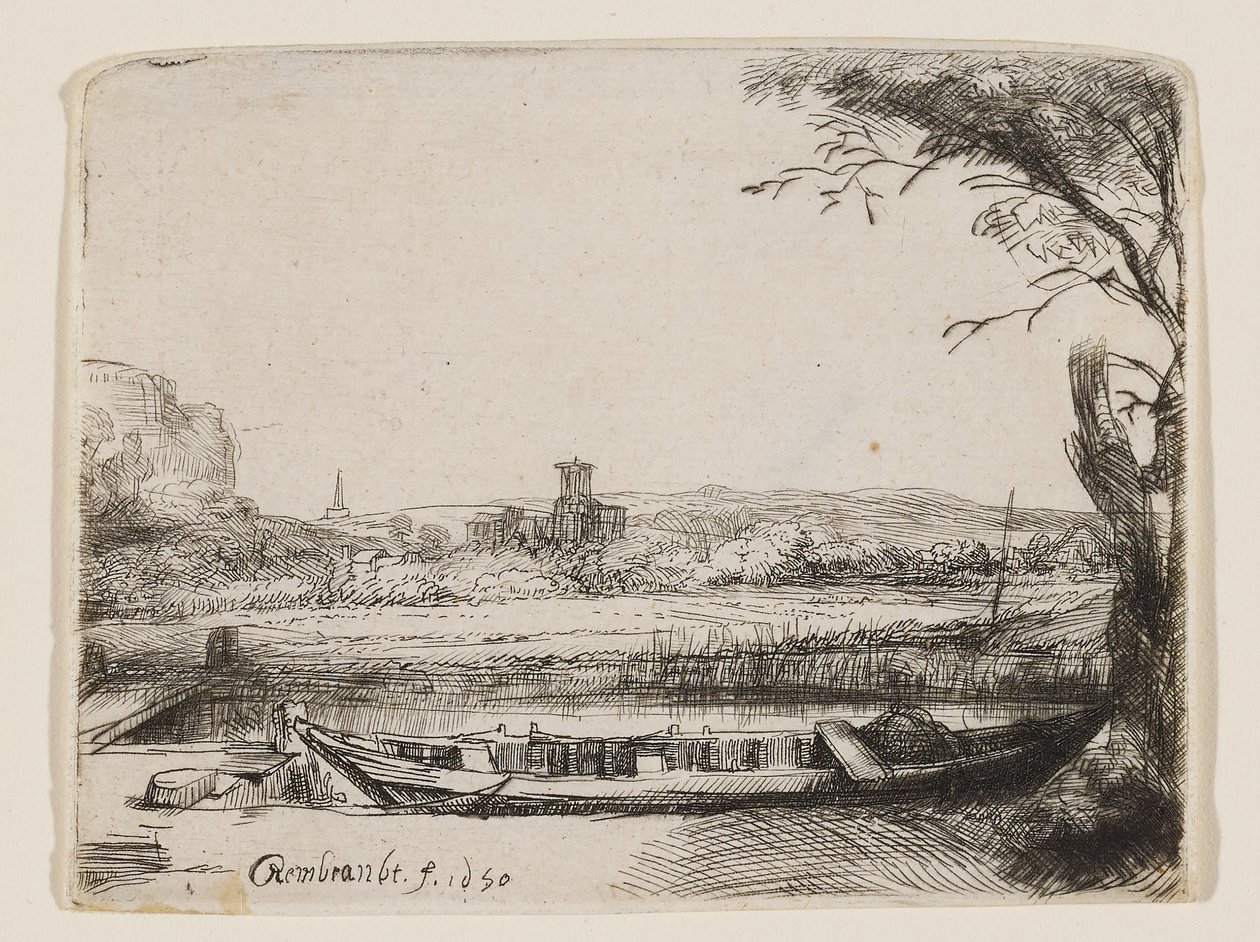 Kanal med en stor båt och en bro av Rembrandt van Rijn