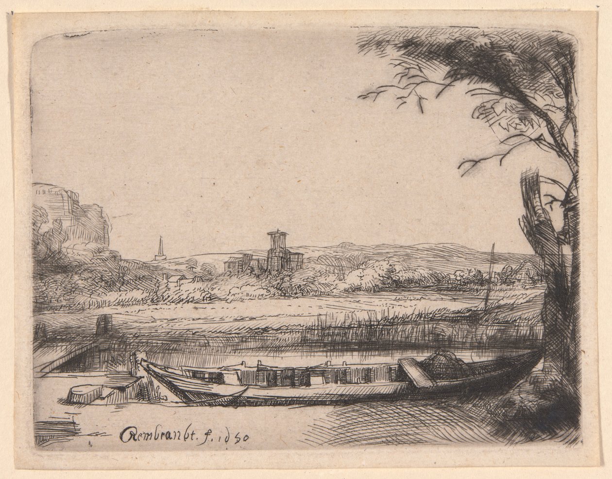 Kanal med en stor båt och en bro av Rembrandt van Rijn