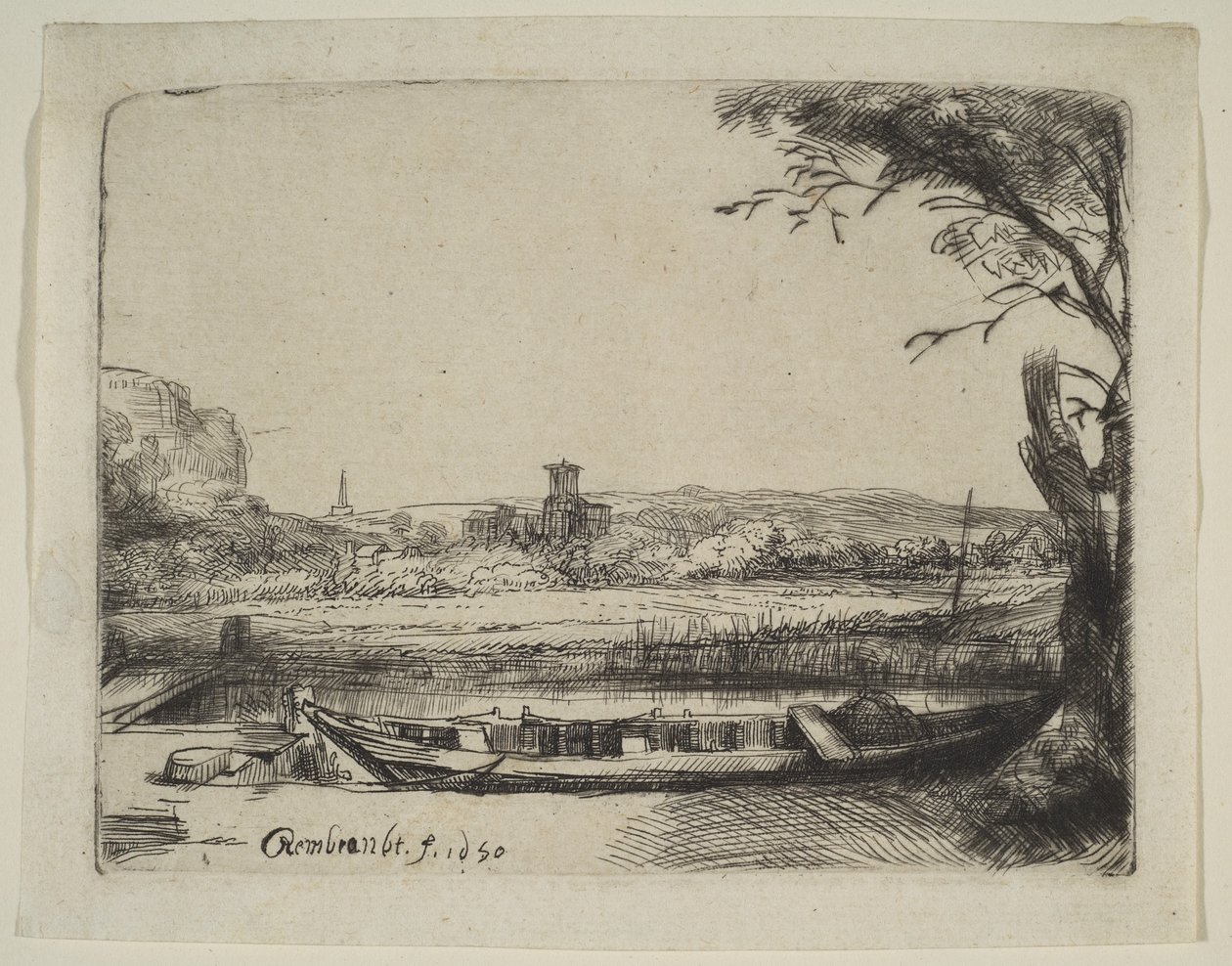 Kanal med en stor båt och en bro, 1650. av Rembrandt van Rijn