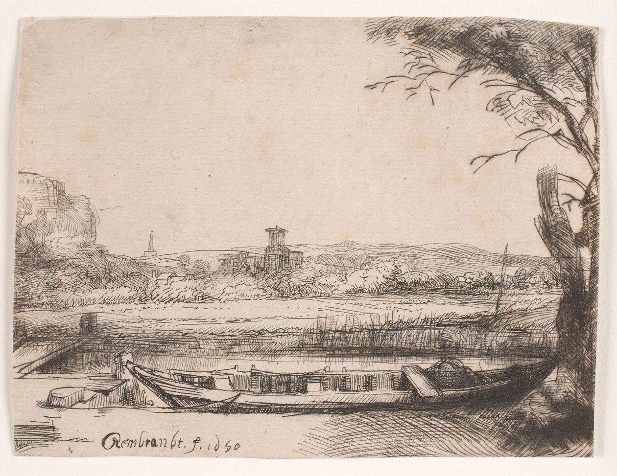 Kanal med en stor båt och en bro av Rembrandt van Rijn