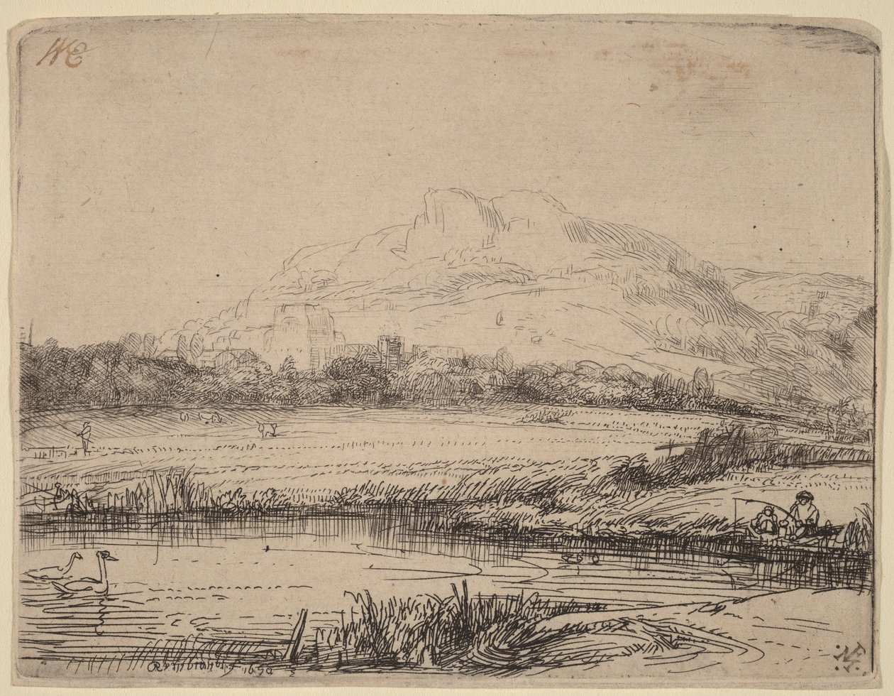 Kanal med en fiskare och två svanar av Rembrandt van Rijn