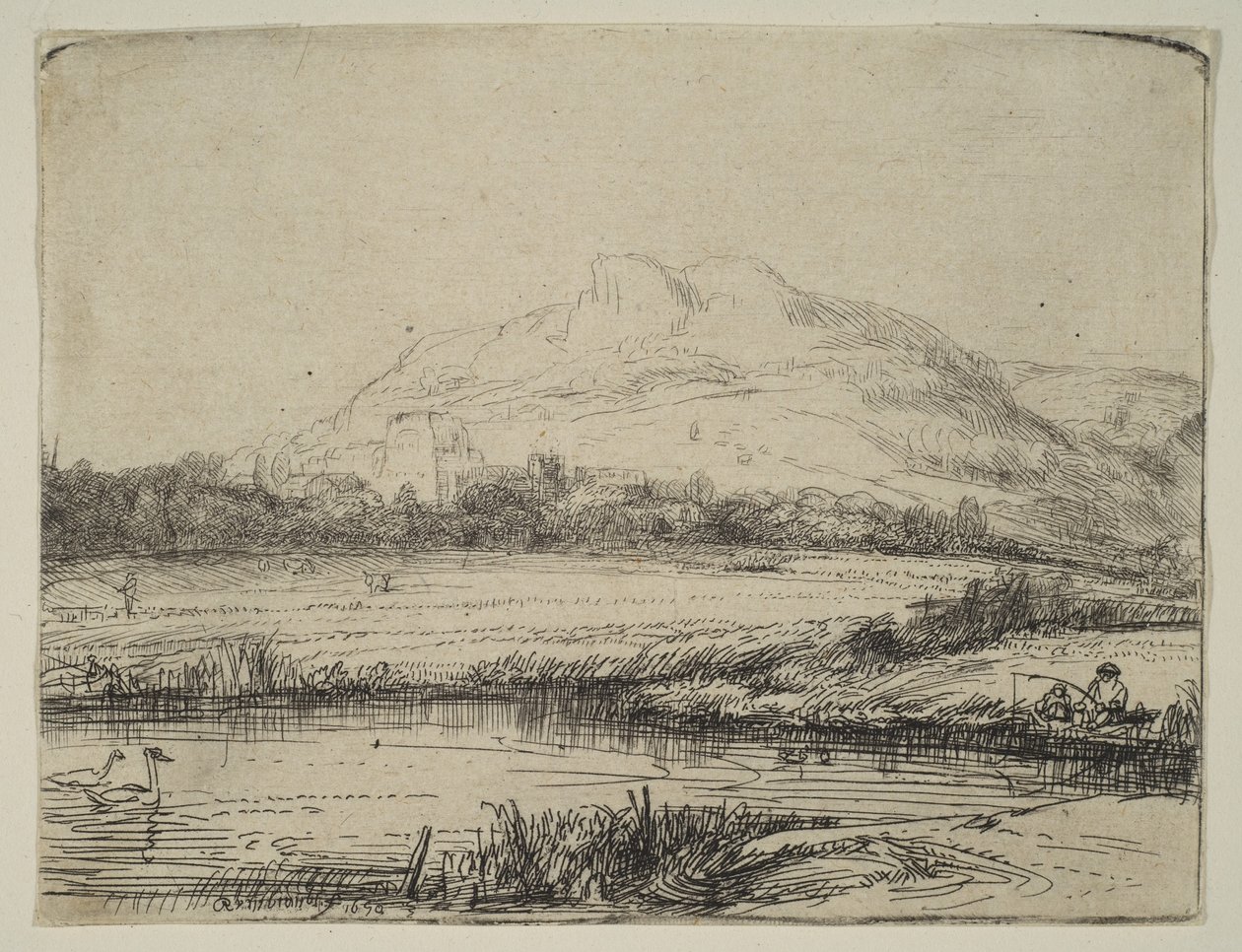 Kanal med en fiskare och två svanar, 1650. av Rembrandt van Rijn