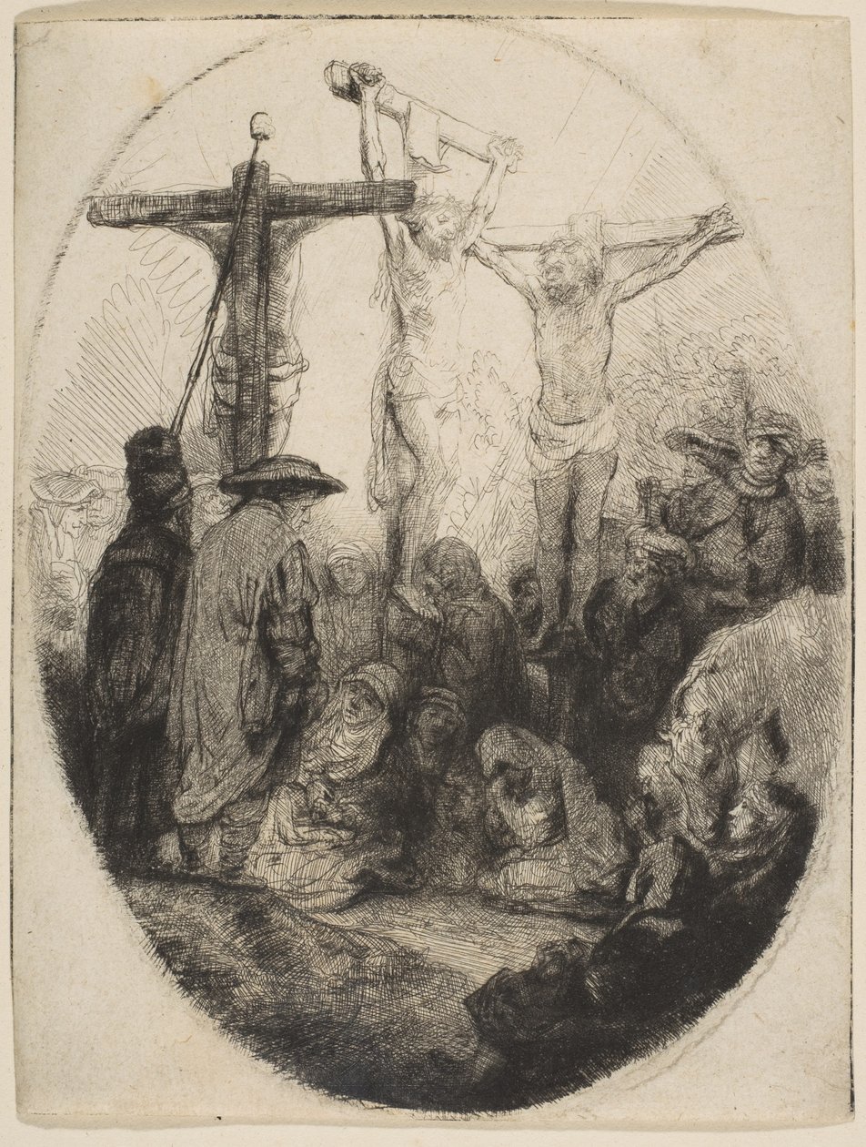 Kristus korsfäst mellan två tjuvar, oval tallrik, ca. 1641. av Rembrandt van Rijn
