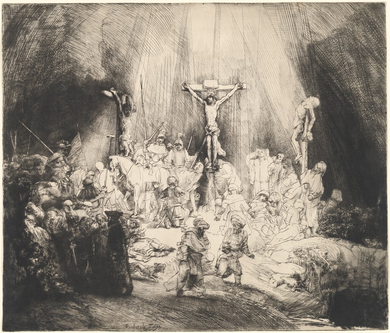 Kristus korsfäst mellan de två tjuvarna (De tre korsen) av Rembrandt van Rijn