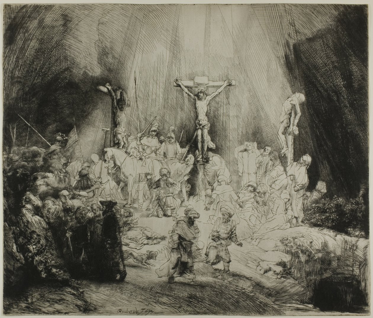 Kristus korsfäst mellan de två tjuvarna: "De tre korsen" av Rembrandt van Rijn