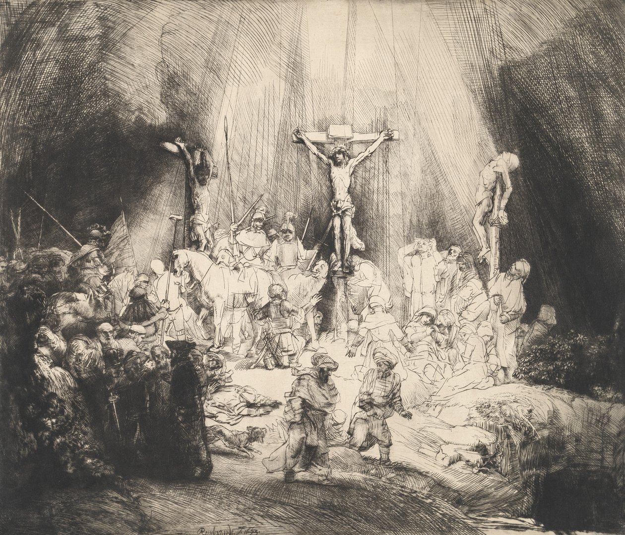 Kristus korsfäst mellan de två tjuvarna De tre korsen, 1653. av Rembrandt van Rijn