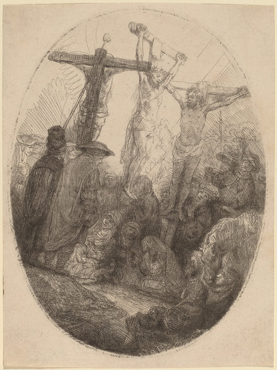 Kristus korsfäst mellan de två tjuvarna: en oval tallrik av Rembrandt van Rijn