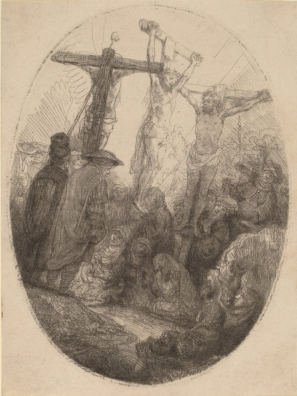 Kristus korsfäst mellan de två tjuvarna: en oval tallrik, ca. 1641. av Rembrandt van Rijn